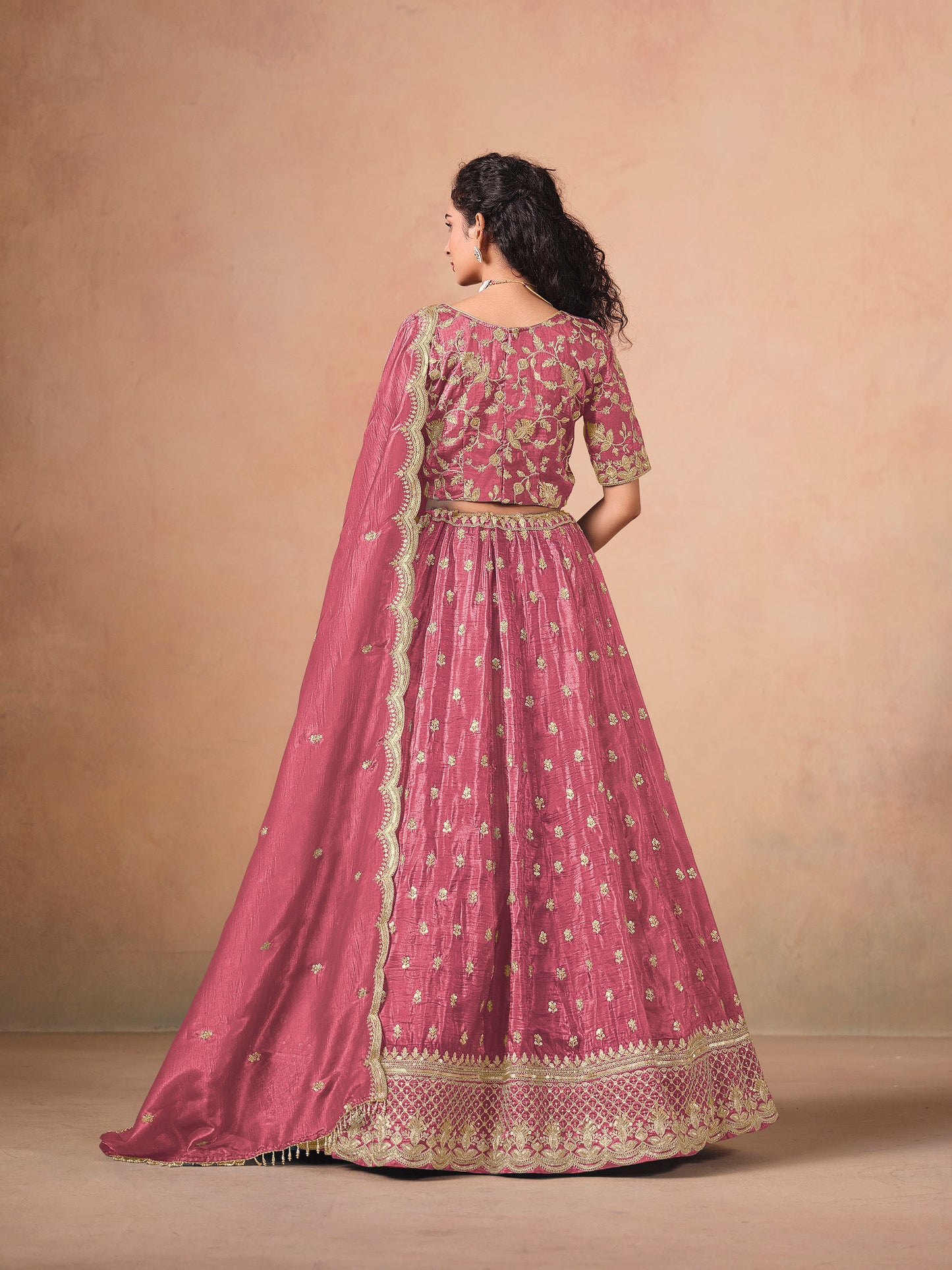 Pink Thread & Sequins Embroidered Soft Organza Wedding Guest Lehenga