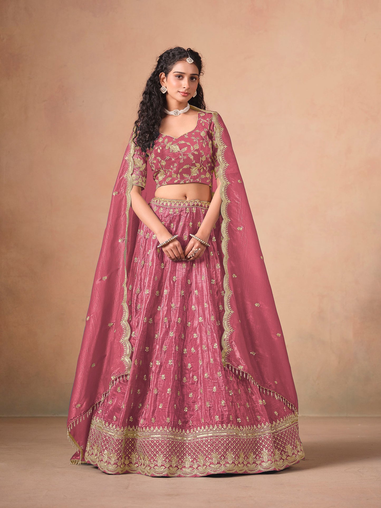 Pink Thread & Sequins Embroidered Soft Organza Wedding Guest Lehenga