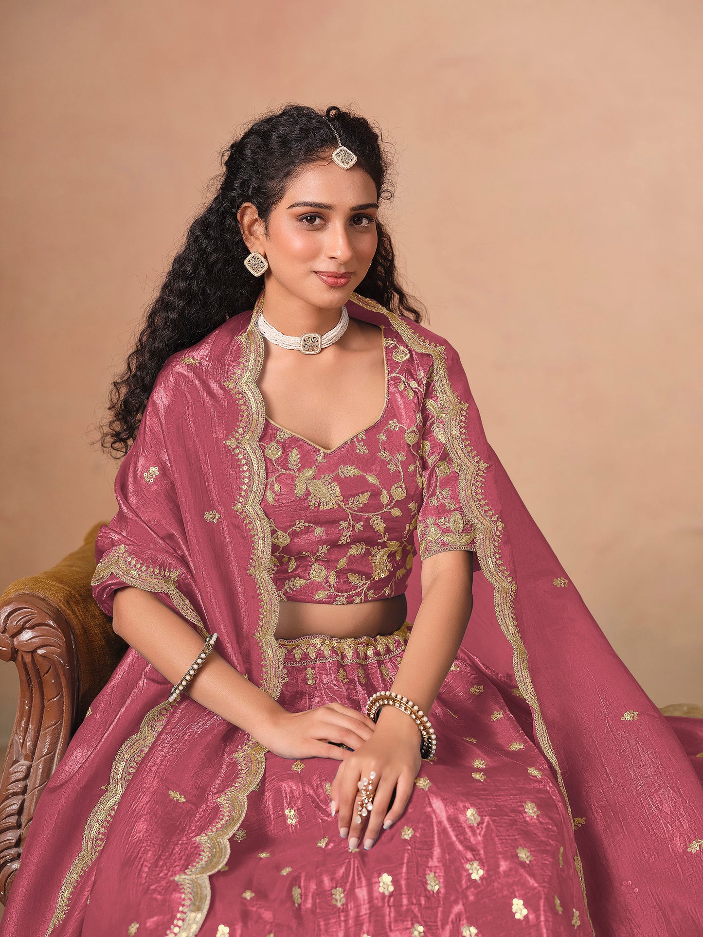 Pink Thread & Sequins Embroidered Soft Organza Wedding Guest Lehenga