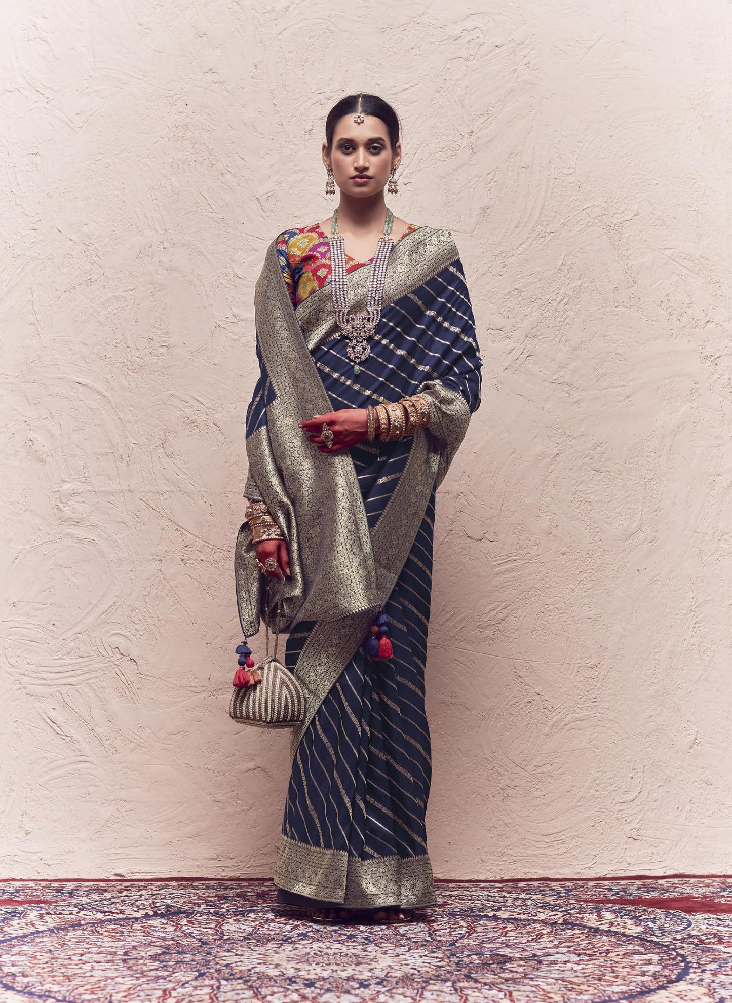 Navy Blue Printed Kasturi Saree