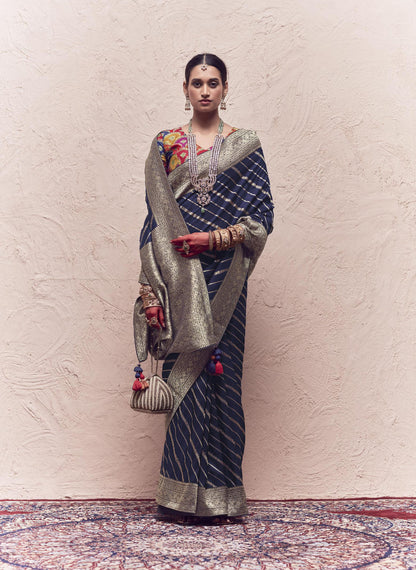 Navy Blue Printed Kasturi Saree