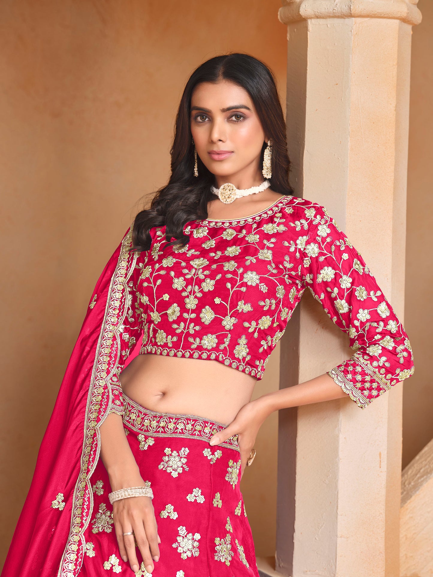 Rani Pink Sequins & Zari Embroidered Organza Bridesmaid Lehenga