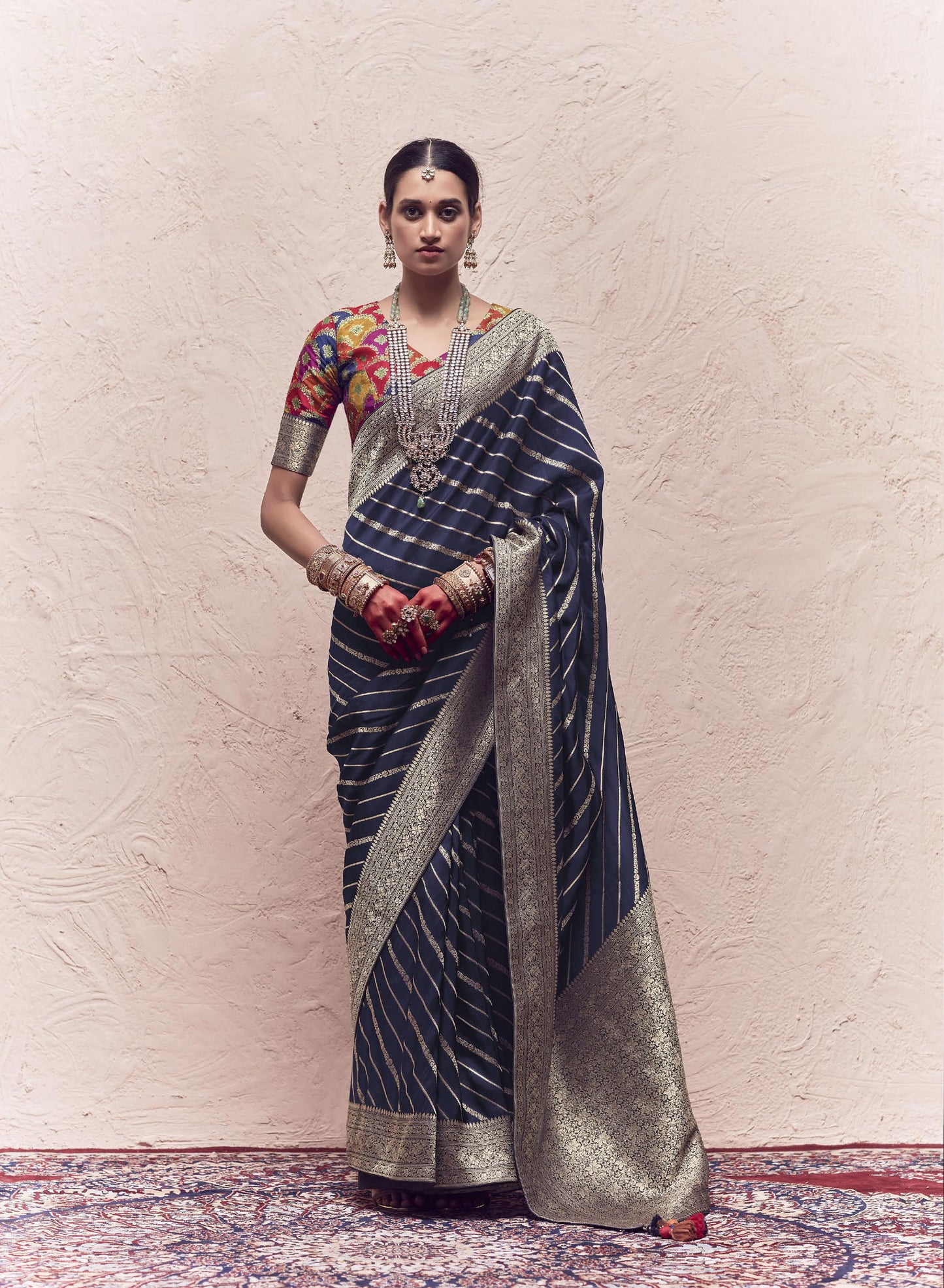 Navy Blue Printed Kasturi Saree