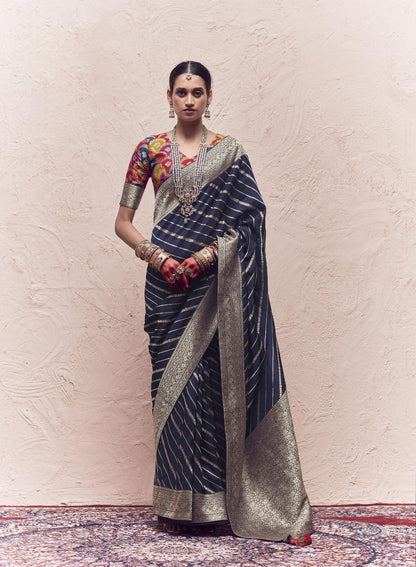 Navy Blue Printed Kasturi Saree