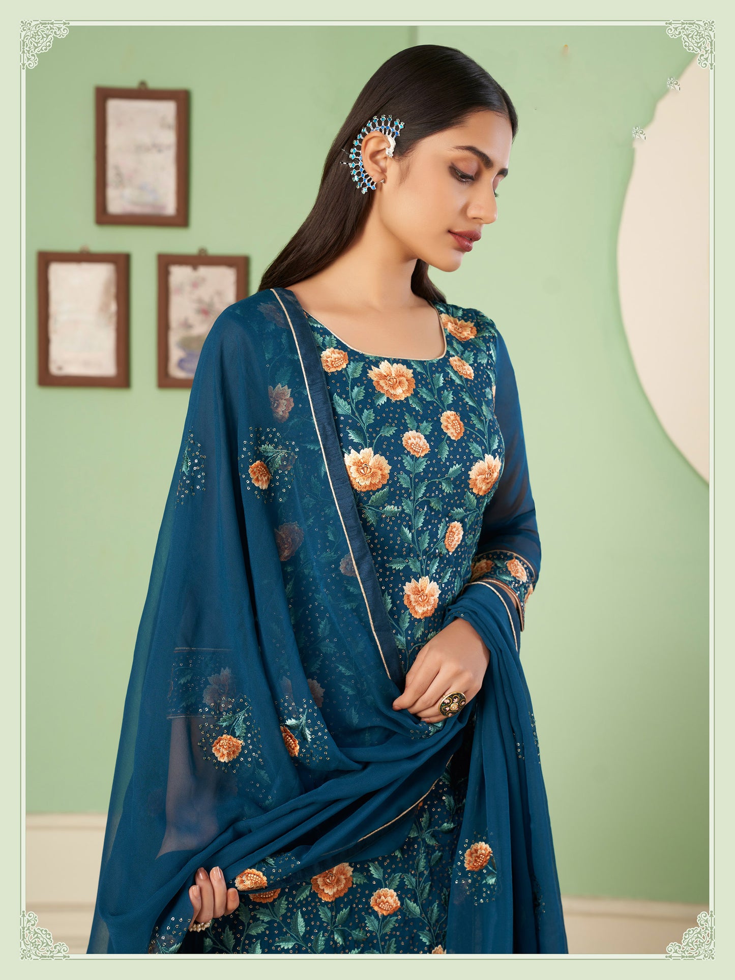 Blue Thread Embroidered Straight Cut Sangeet Sharara
