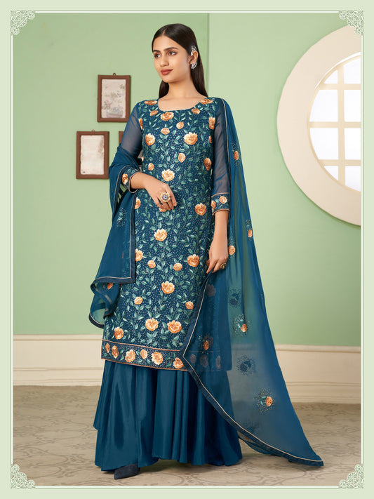 Blue Thread Embroidered Straight Cut Sangeet Sharara