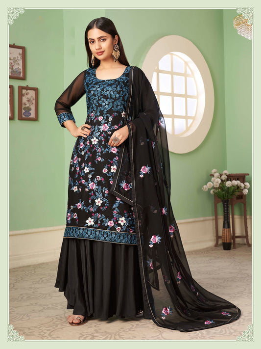 Black Sangeet Sharara with Blue Thread Embroidered Straight Cut