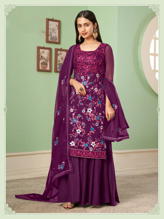 Purple Thread Embroidered Straight Cut Sangeet Sharara