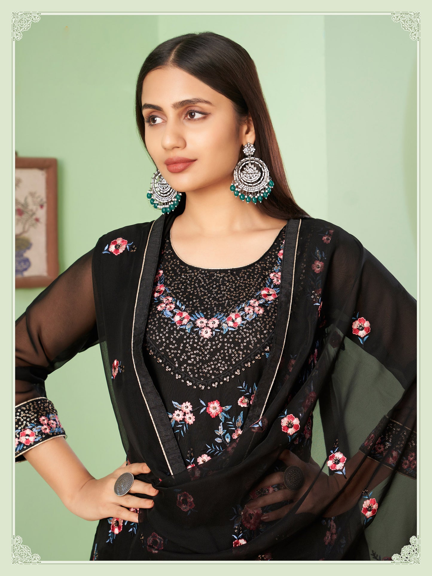 Black Sangeet Sharara Floral Embroidered Straight Cut