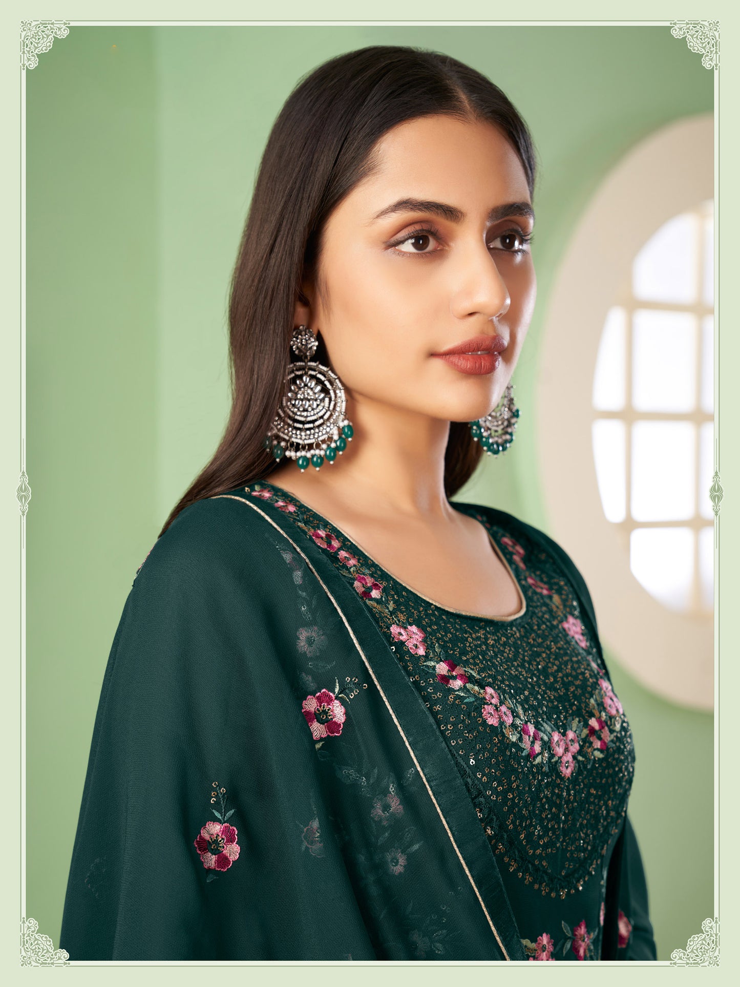 Green Sangeet Sharara Floral Embroidered Straight Cut
