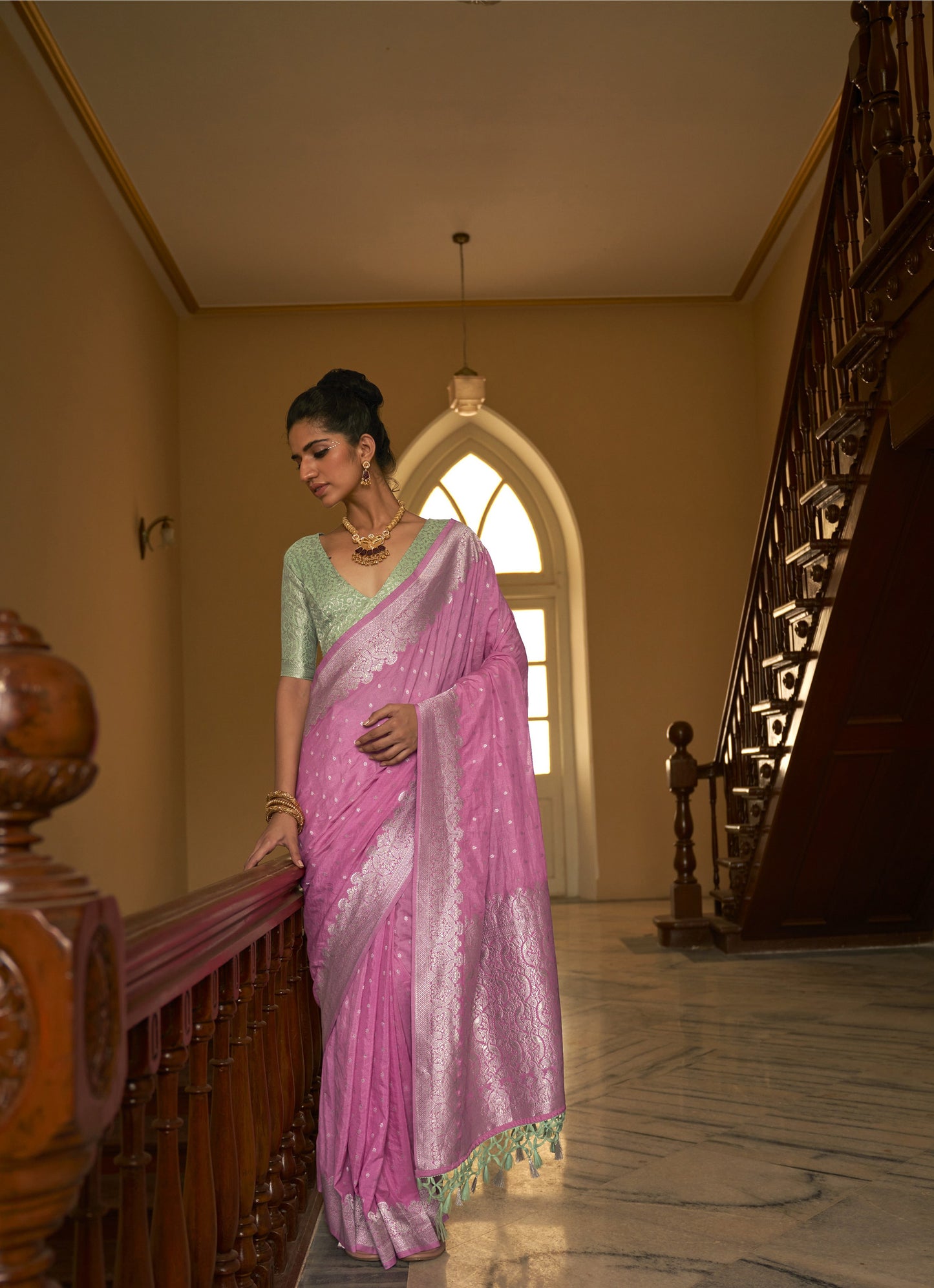 Pink Nylon crepe Fabric Weaving Tirth Festive Saree