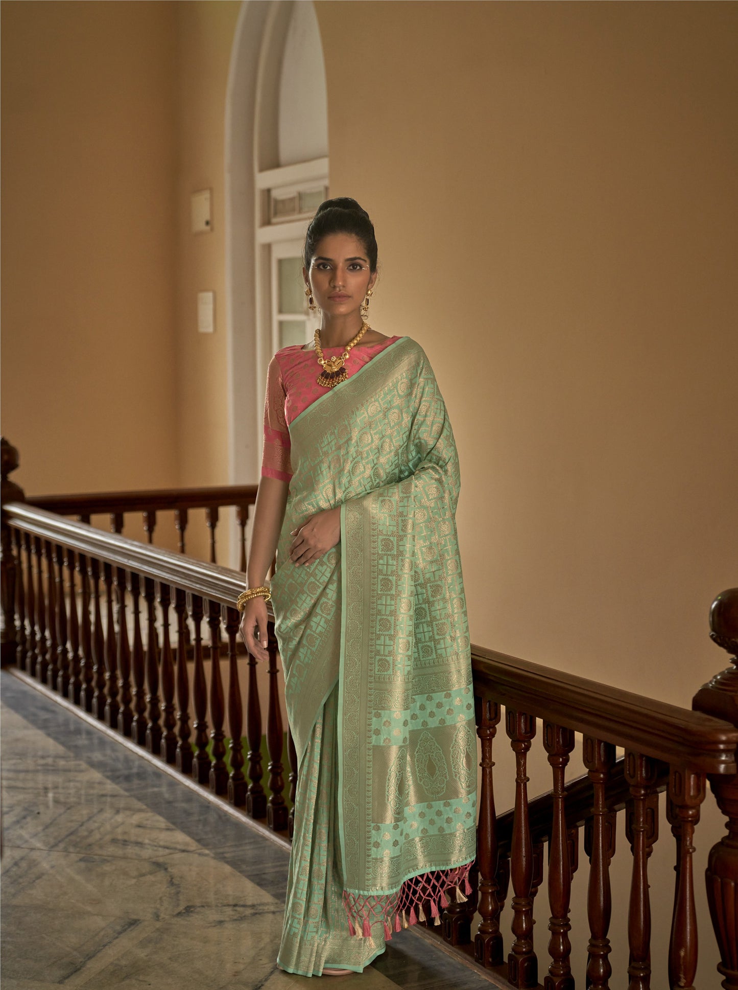 Sea Green Nylon crepe Fabric Weaving Tirth Festive Saree
