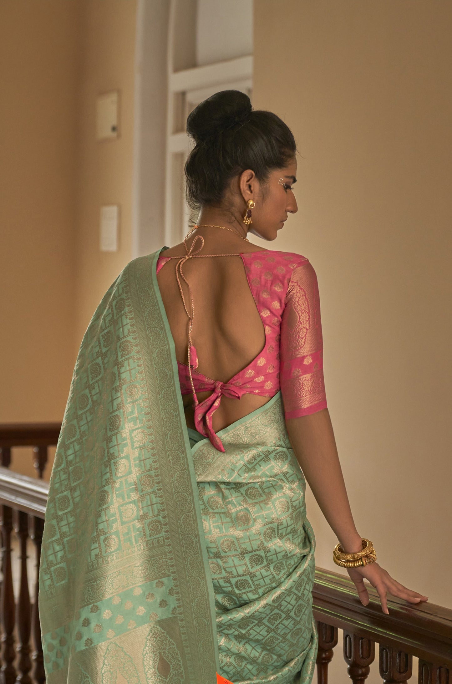 Sea Green Nylon crepe Fabric Weaving Tirth Festive Saree