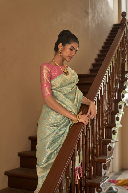 Sea Green Nylon crepe Fabric Weaving Tirth Festive Saree