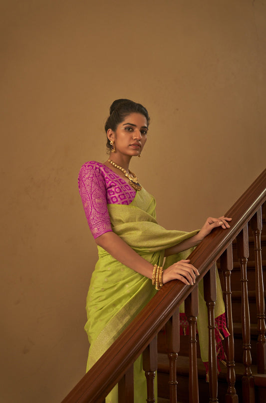 Mehendi Green Nylon crepe Fabric Weaving Tirth Festive Saree