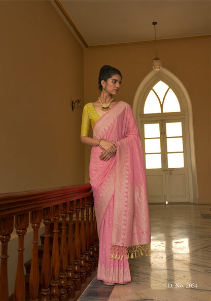 Light Pink Nylon crepe Fabric Weaving Tirth Festive Saree