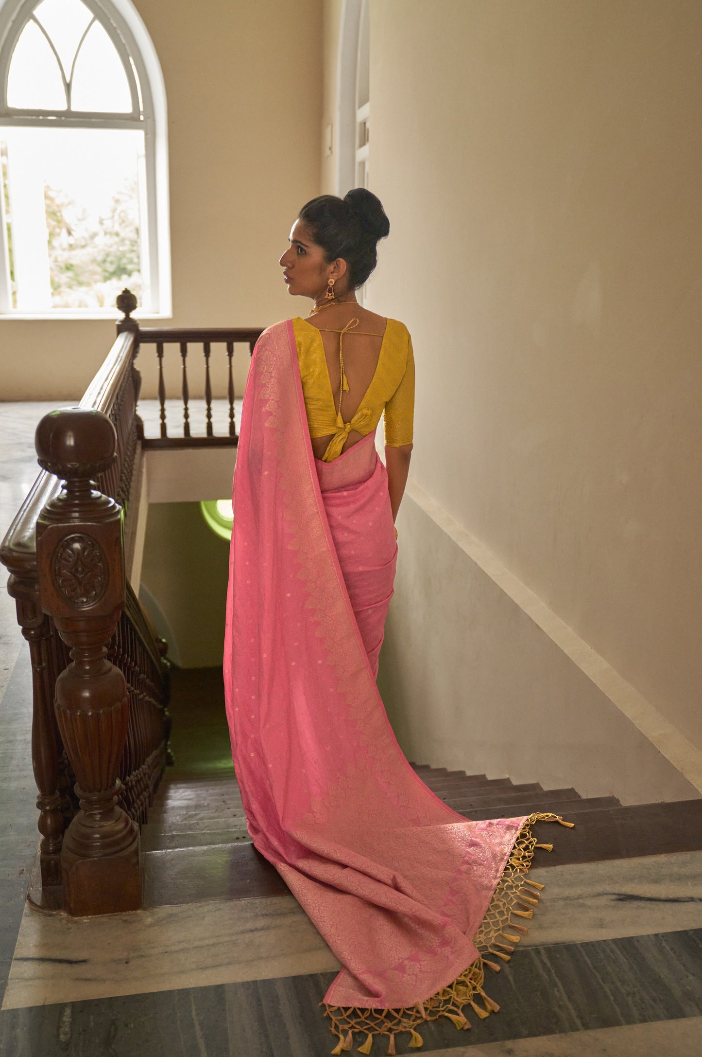 Light Pink Nylon crepe Fabric Weaving Tirth Festive Saree