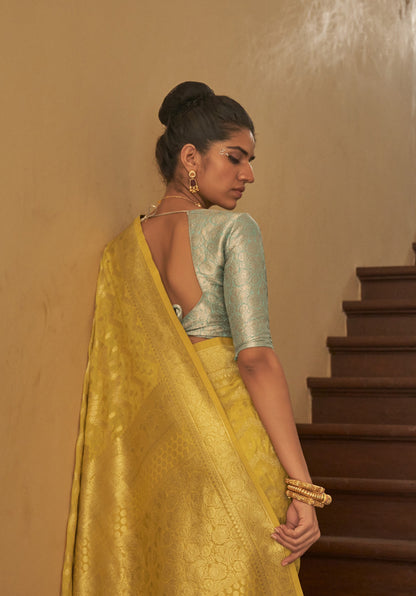 Yellow Nylon crepe Fabric Weaving Tirth Festive Saree