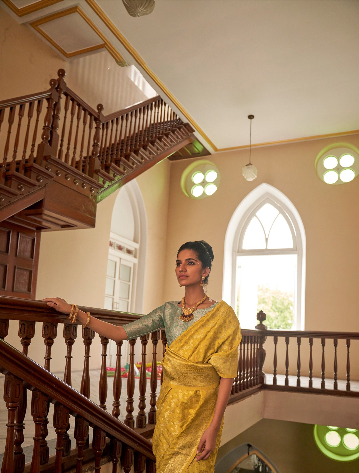 Yellow Nylon crepe Fabric Weaving Tirth Festive Saree