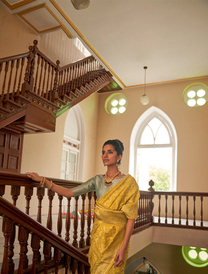 Yellow Nylon crepe Fabric Weaving Tirth Festive Saree
