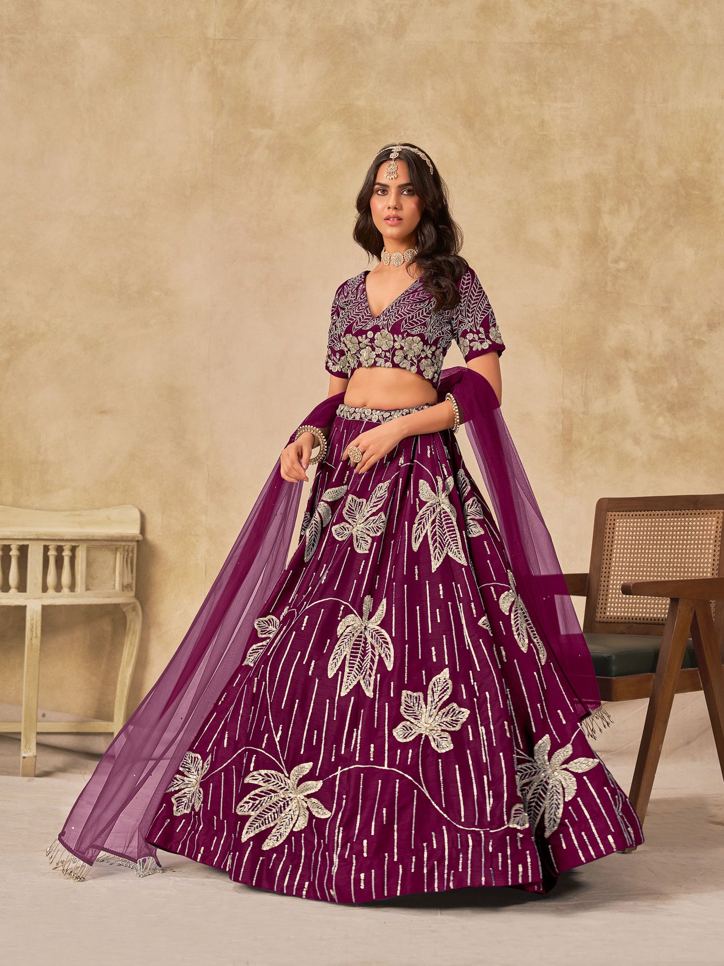 Wine Heavy Sequins Embroidered Art Silk Party Wear Lehenga