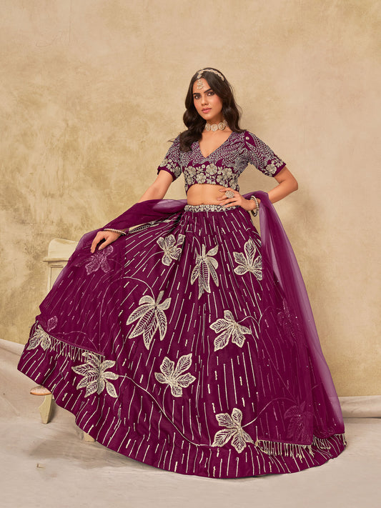 Wine Heavy Sequins Embroidered Art Silk Party Wear Lehenga