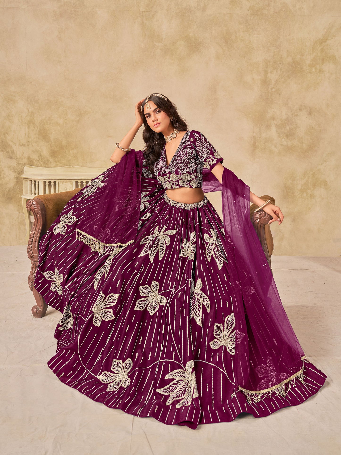 Wine Heavy Sequins Embroidered Art Silk Party Wear Lehenga