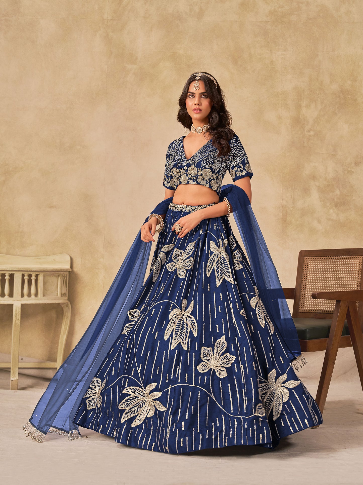 Navy Blue Heavy Sequins Embroidered Art Silk Party Wear Lehenga