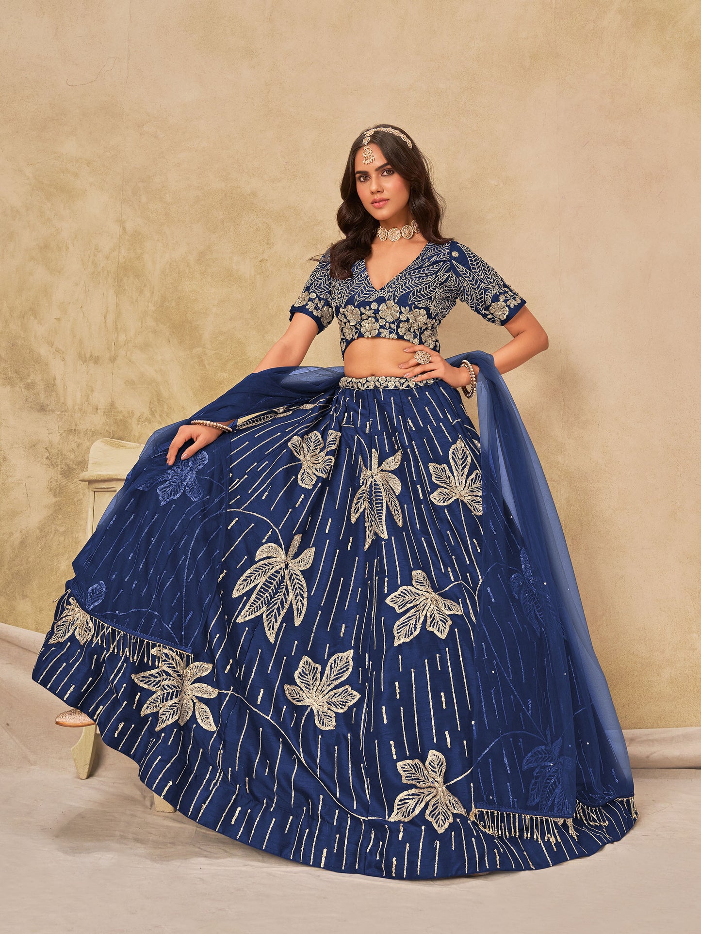 Navy Blue Heavy Sequins Embroidered Art Silk Party Wear Lehenga