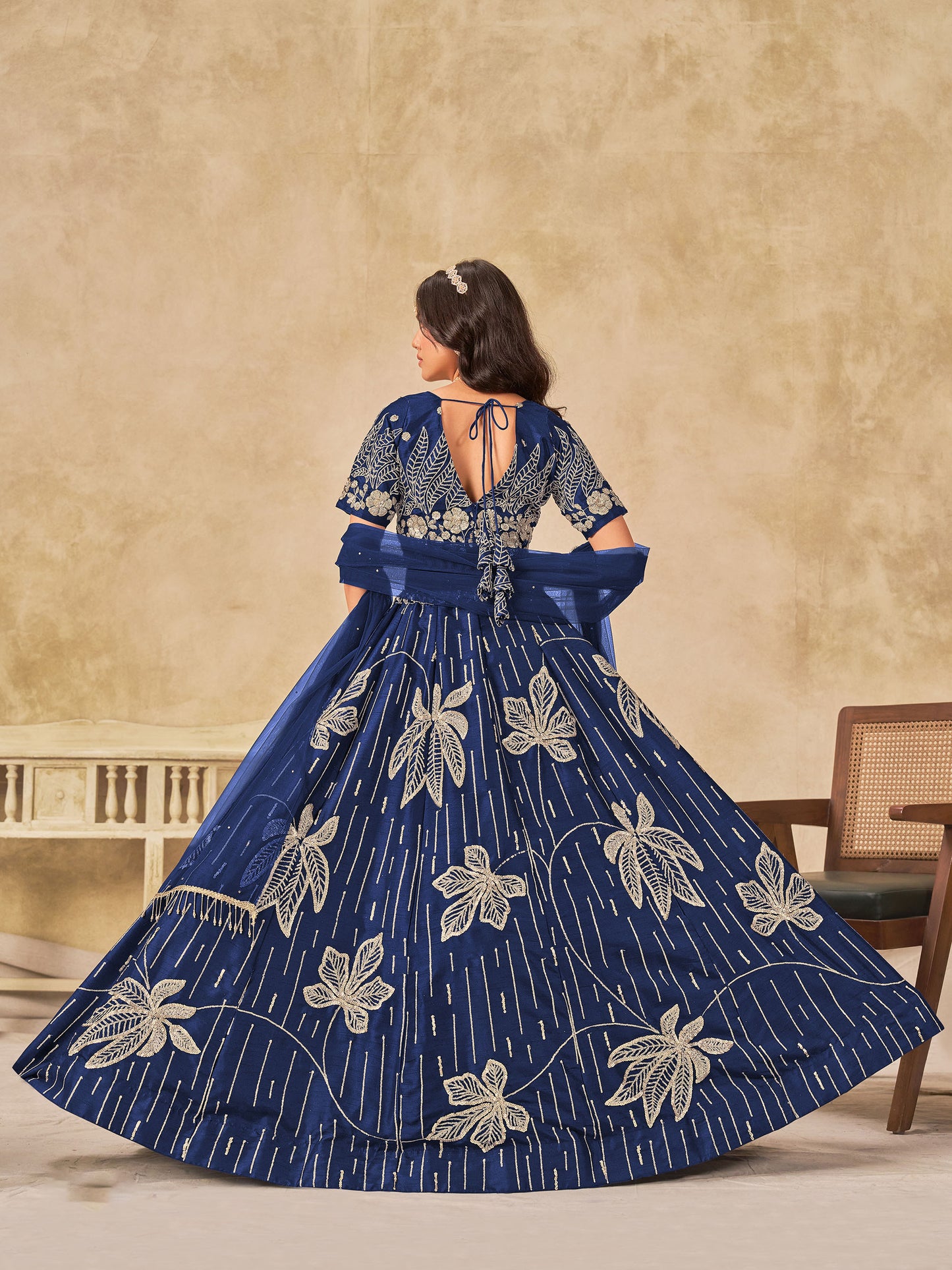 Navy Blue Heavy Sequins Embroidered Art Silk Party Wear Lehenga