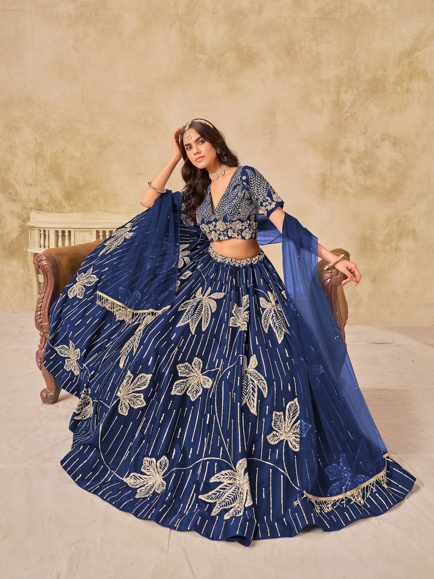 Navy Blue Heavy Sequins Embroidered Art Silk Party Wear Lehenga