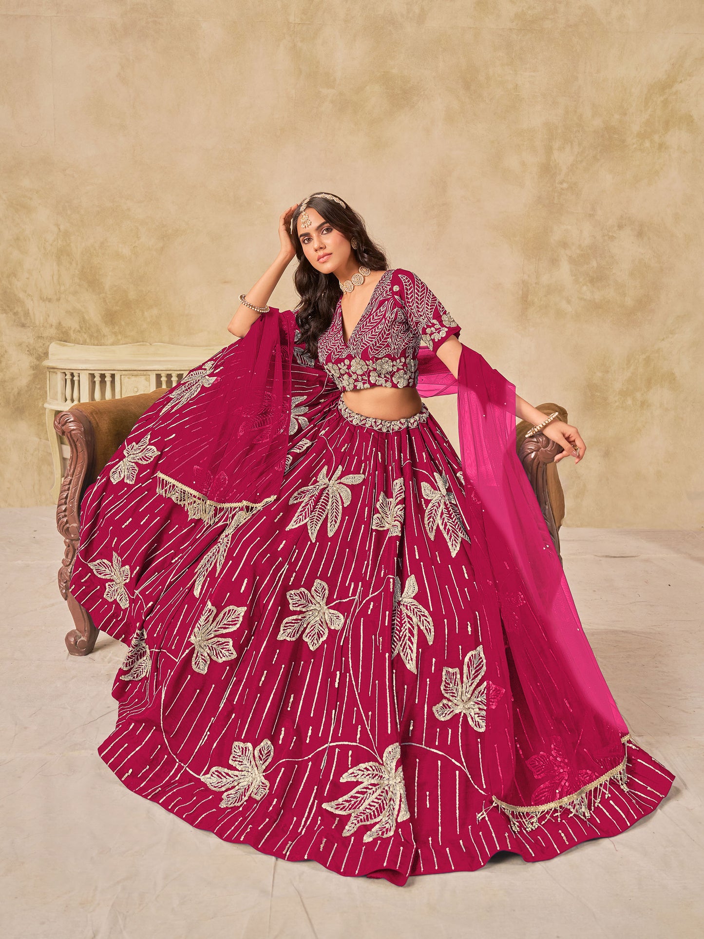 Pink Heavy Sequins Embroidered  Art Silk Wedding Guest Lehenga