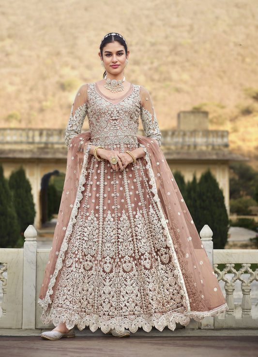 Pink Dori and Sequins Embroidery Butterfly Net Anarkali