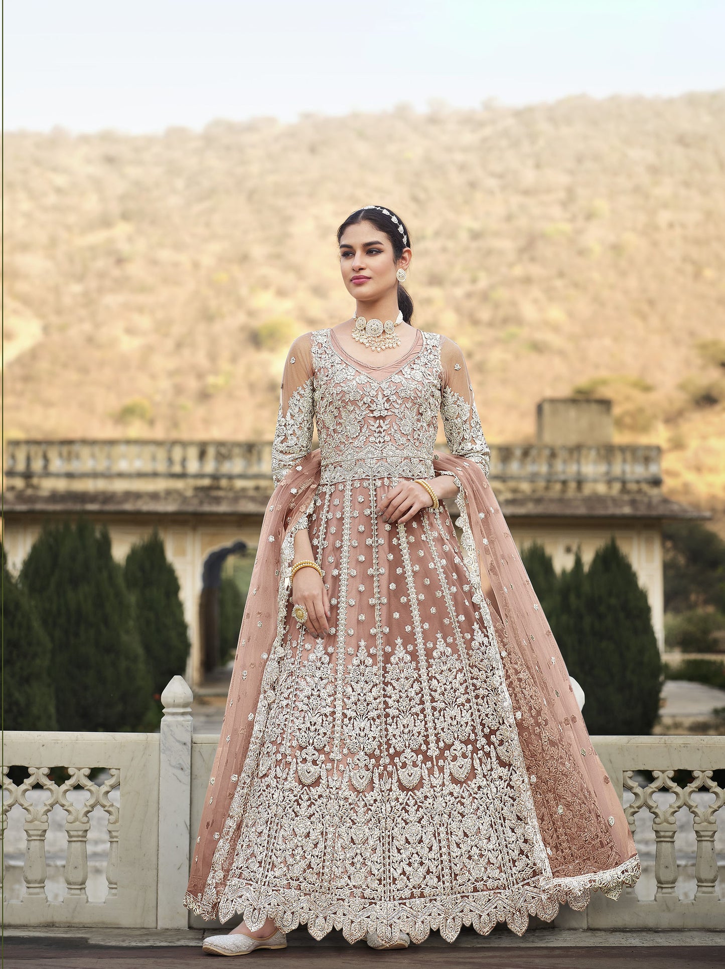 Pink Dori and Sequins Embroidery Butterfly Net Anarkali