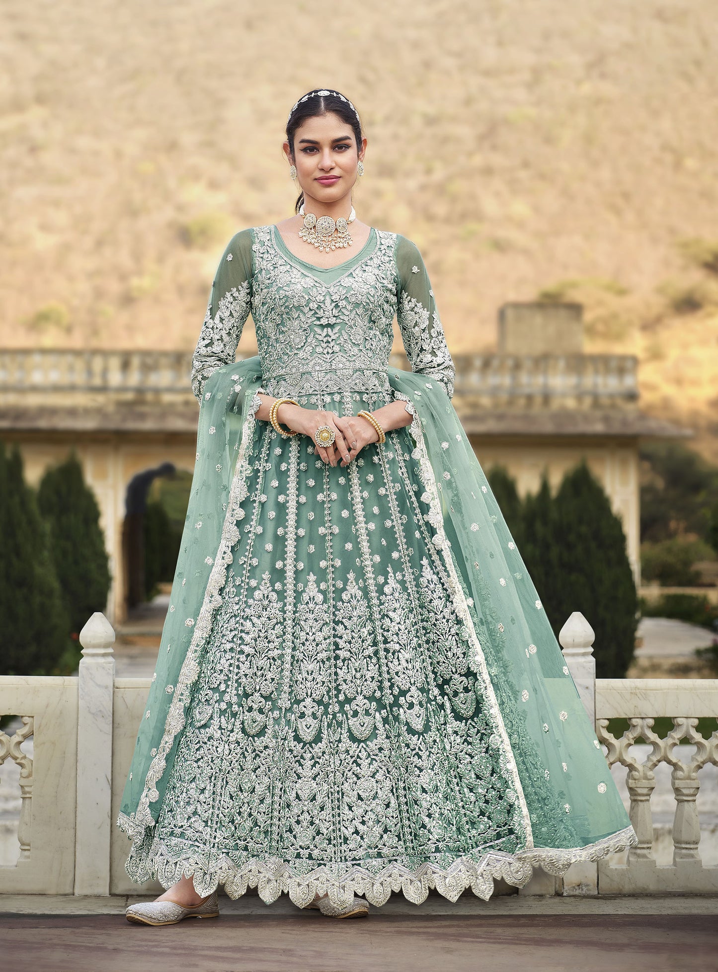 Blue Dori and Sequins Embroidery Butterfly Net Anarkali