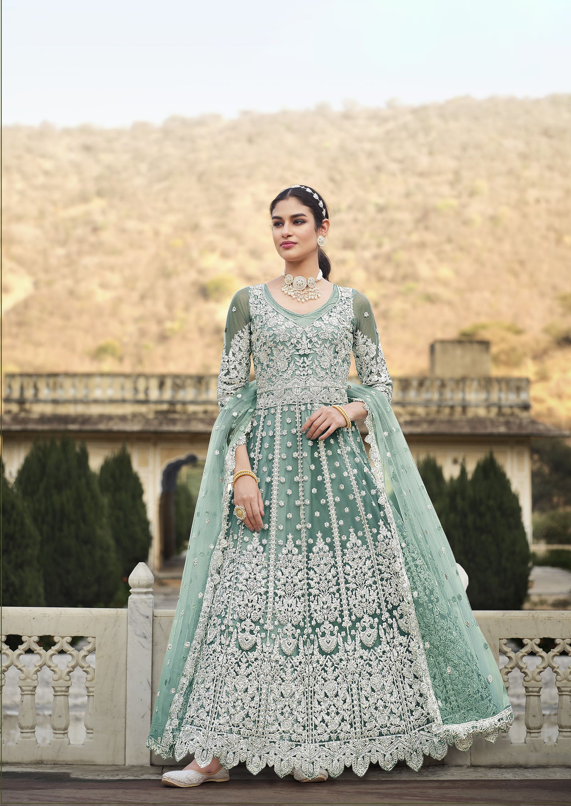 Blue Dori and Sequins Embroidery Butterfly Net Anarkali