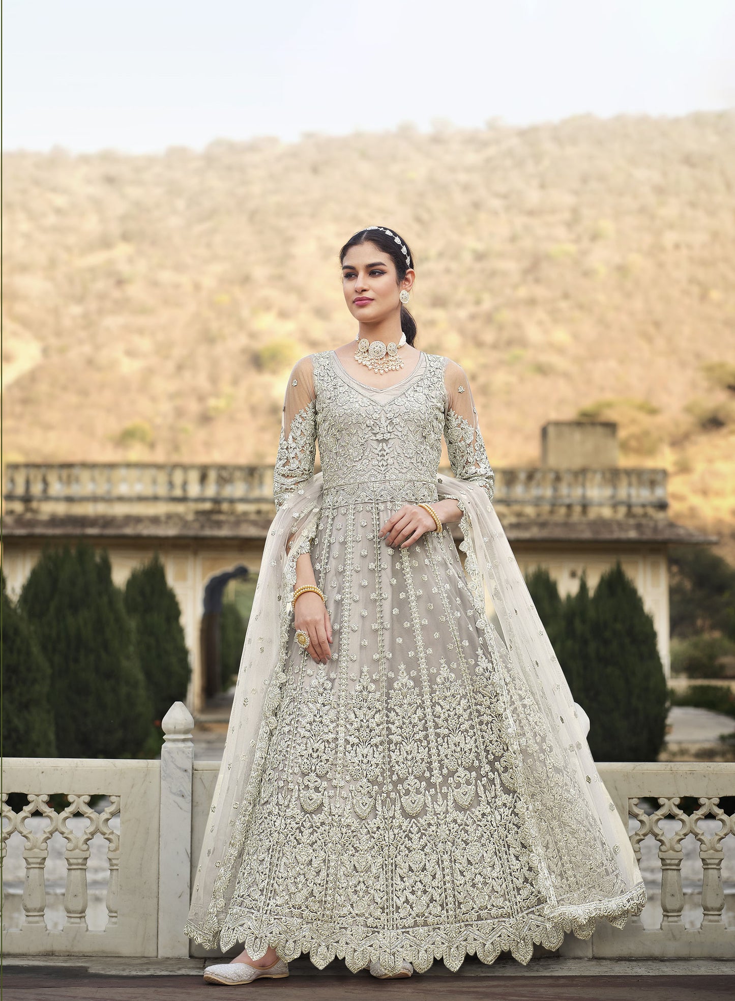 Grey Dori and Sequins Embroidery Butterfly Net Anarkali