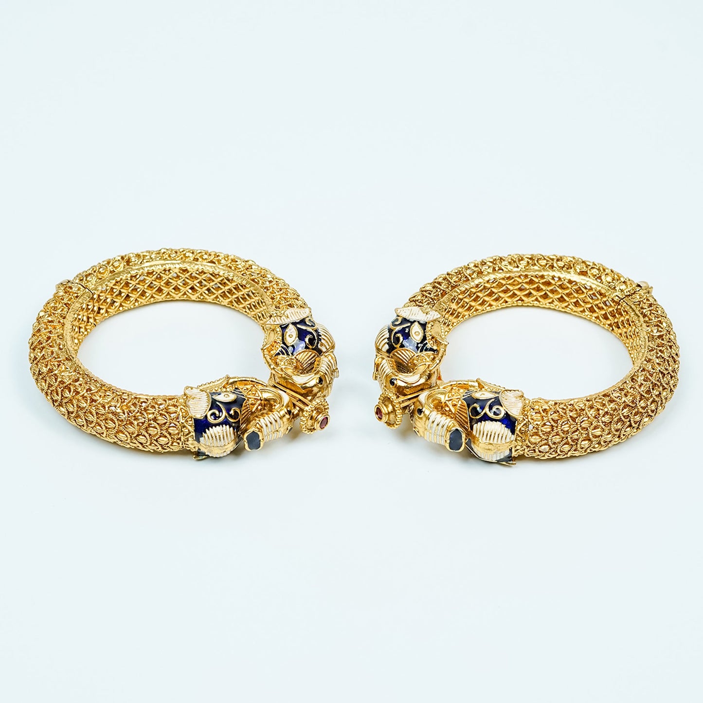 Zevar Club Set of 2 22K Gold-Plated Handcrafted Panther-Head Bangles with Blue Enamel & Black Stone Accents for Women