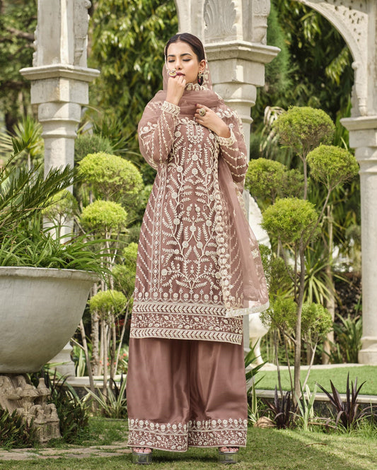 Light Brown Color Thread Embroidery Net Sharara