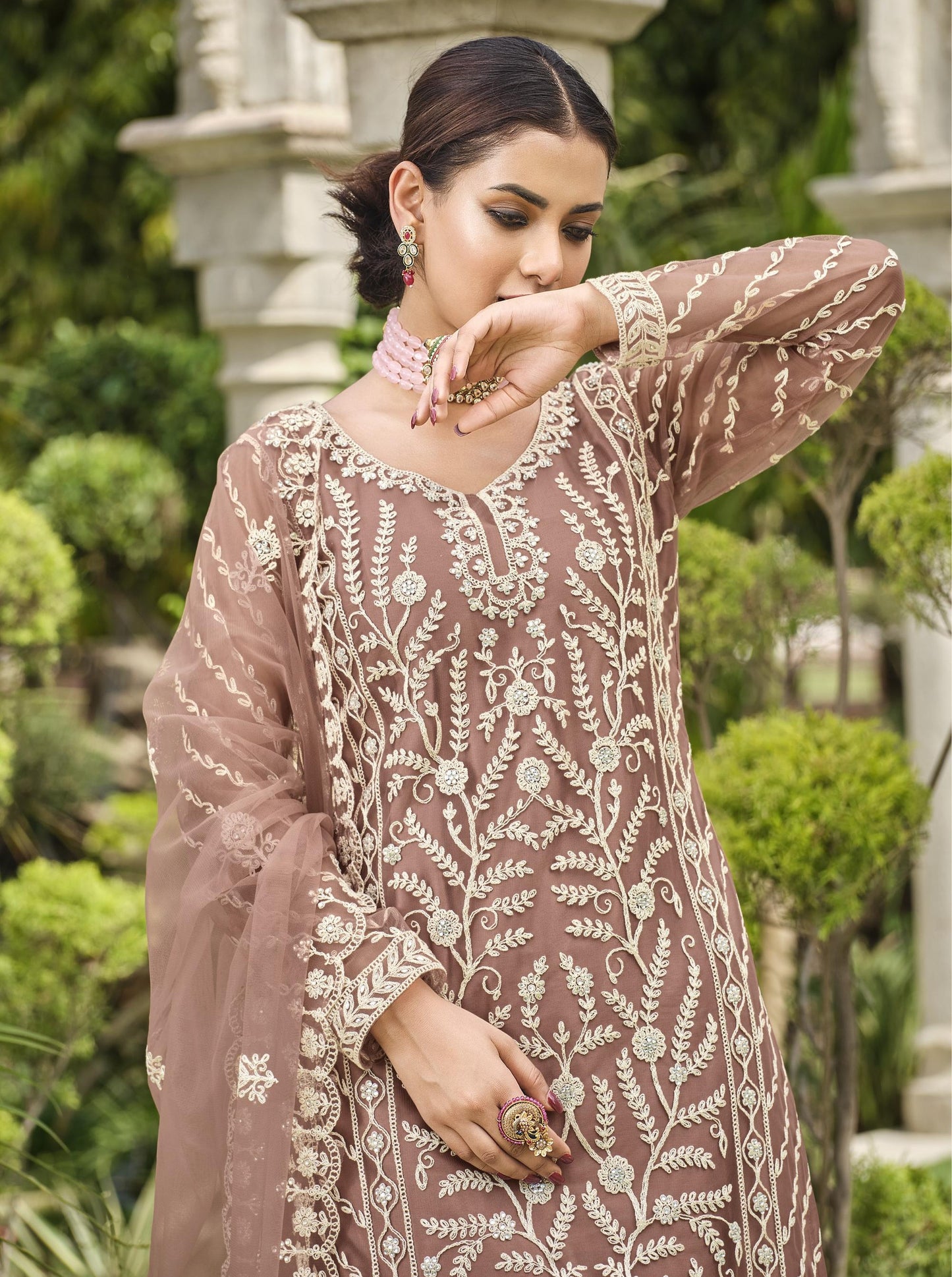 Light Brown Color Thread Embroidery Net Sharara