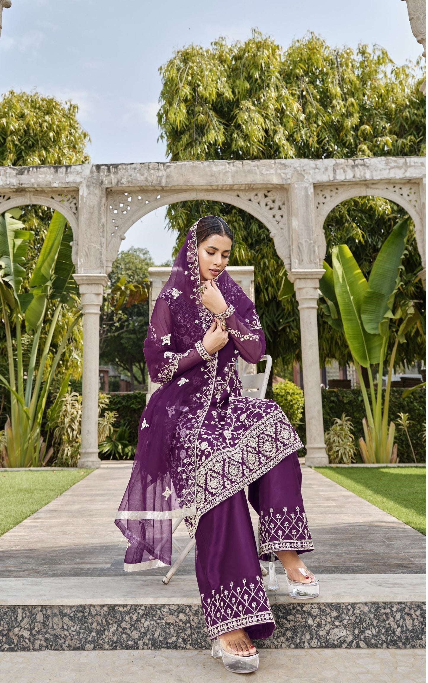 Purple Color Thread Embroidery Net Sharara