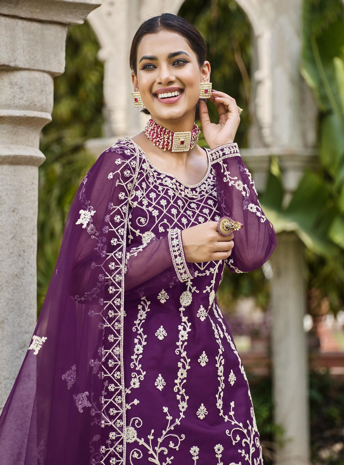 Purple Color Thread Embroidery Net Sharara