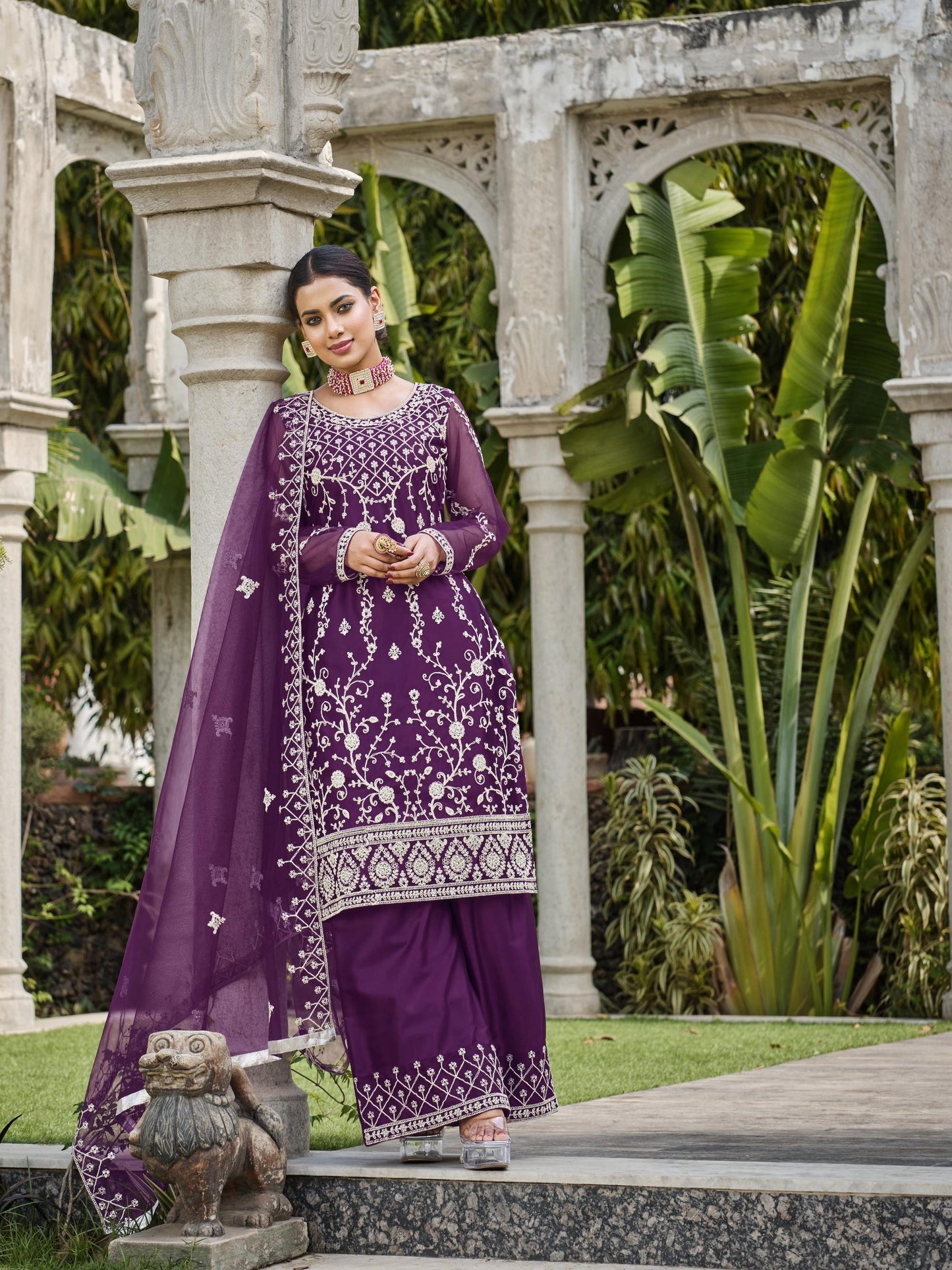 Purple Color Thread Embroidery Net Sharara