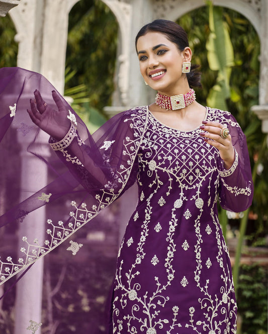Purple Color Thread Embroidery Net Sharara