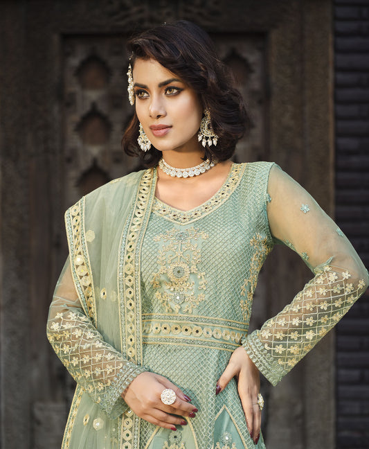 Sea Green Heavy Embroidered Net Bridesmaid Anarkali