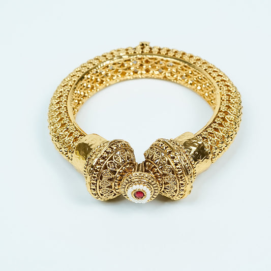 Zevar Club 18K Gold Plated Handcrafted Rajwadi Kada Bangle with Dome Motif Ruby Red & White Stone Detailing