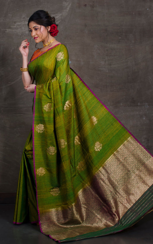 Tussar Banarasi Designer Poth Saree in Moss Green and Magenta
