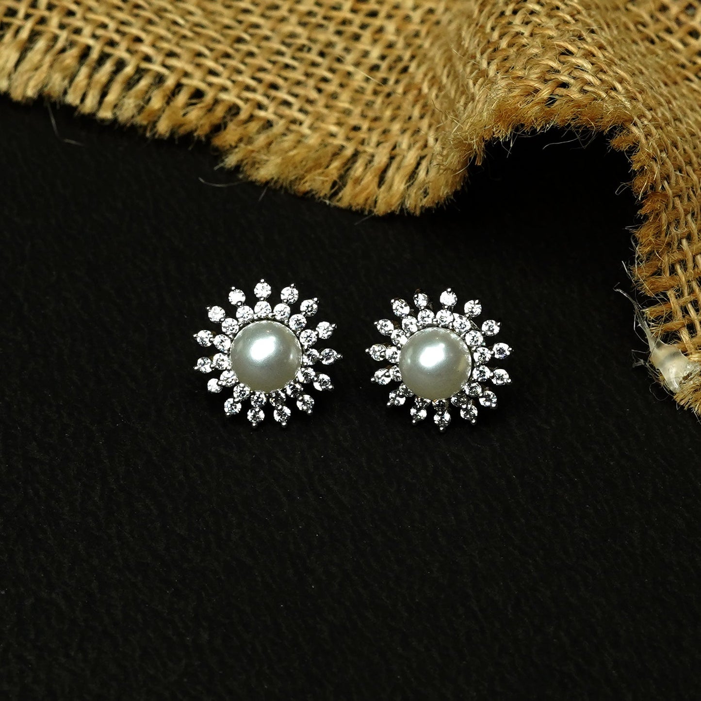 Zevar Club Rhodium-Plated White Pearl & Cubic Zirconia Floral Stud Earrings in Gold Tone