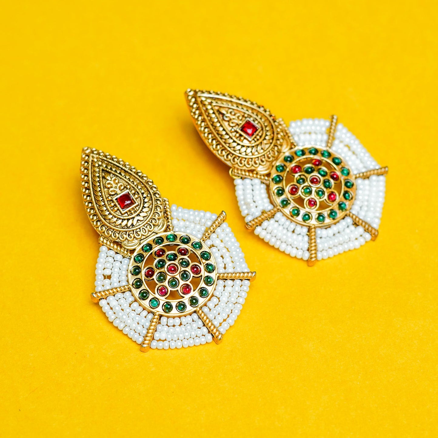 Zevar Club Gold-Toned Red & Green Stone Studded White Seed Beaded Circular Drop Earrings