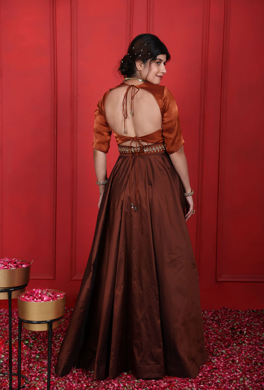 Rust Brown Hand Embroidered Choli With Long Skirt